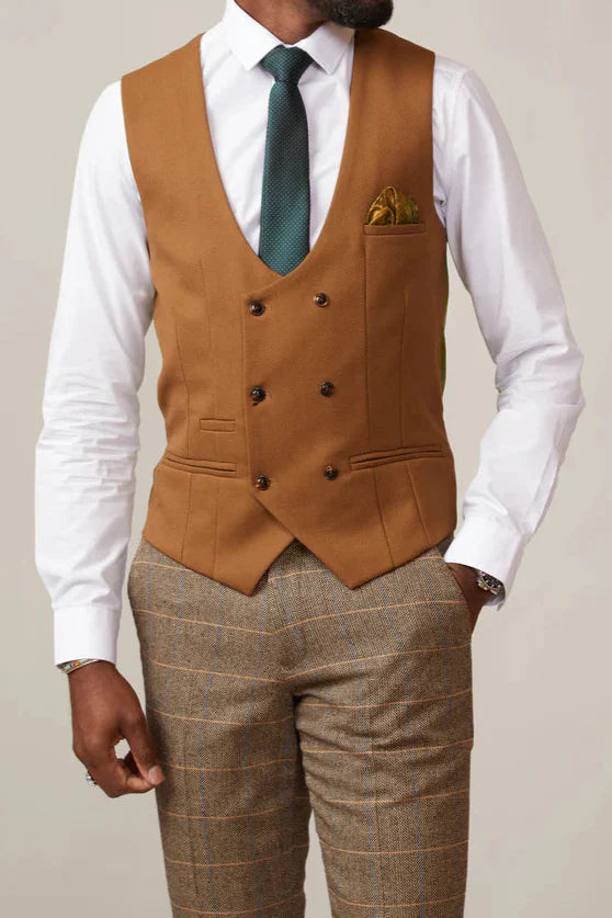 40% OFF - MARC DARCY Men's Kelvin Double Breasted Waistcoat - Tan - Size: UK 42