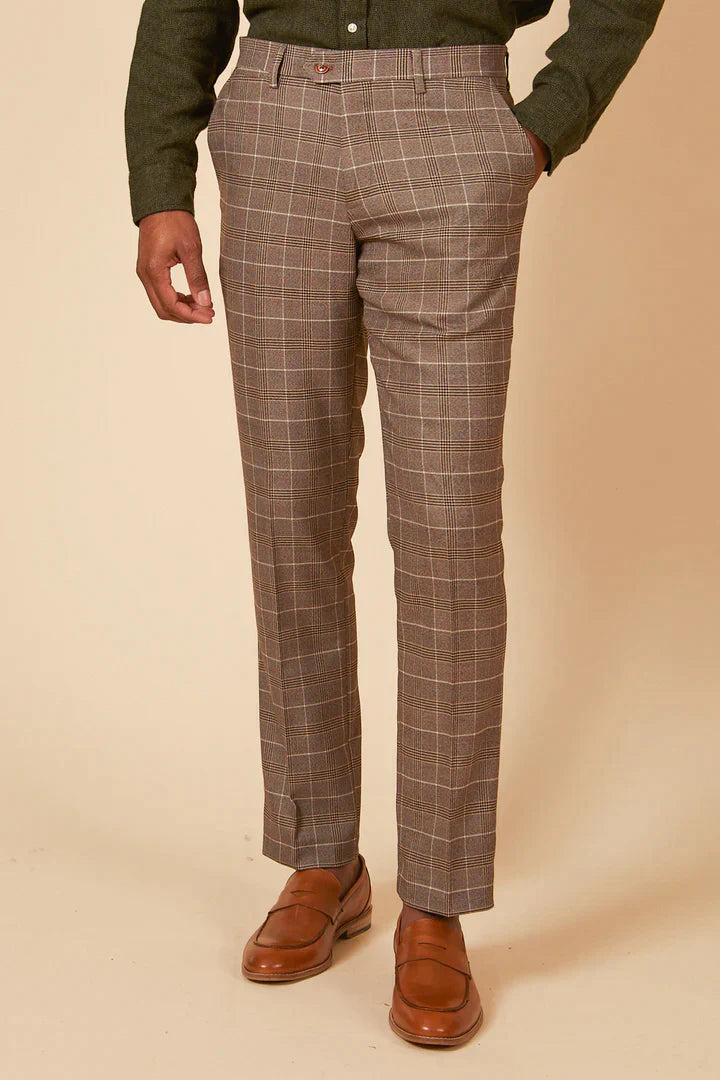 50% OFF - MARC DARCY Ray Trousers - Tan Check - Sizes: 40 & 42 Regular