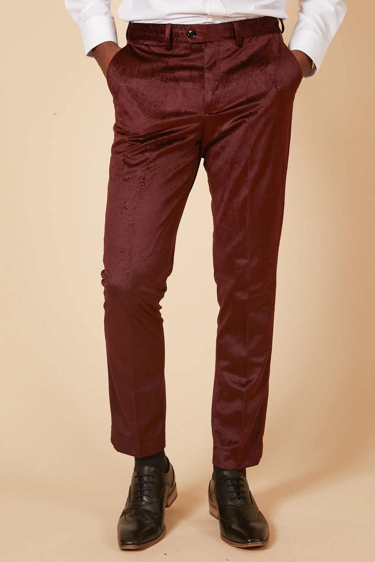 60% OFF - MARC DARCY Simon Velvet Jacquard Tailored Trousers - Wine - Size: UK 42 Regular
