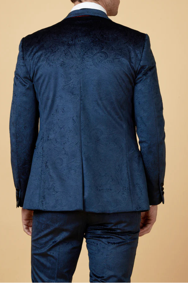 MARC DARCY Simon Velvet Tux Lapel Jacquard Blazer - Slim Fit Tuxedo Jacket - Navy Marc Darcy