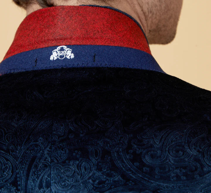 MARC DARCY Simon Velvet Tux Lapel Jacquard Blazer - Slim Fit Tuxedo Jacket - Navy Marc Darcy