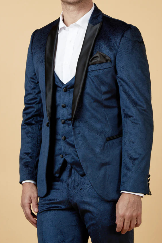 MARC DARCY Simon Velvet Tux Lapel Jacquard Blazer - Slim Fit Tuxedo Jacket - Navy Marc Darcy