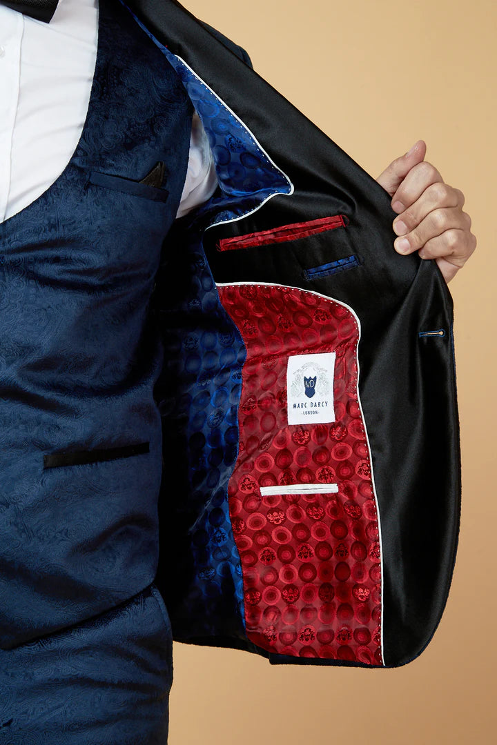 MARC DARCY Simon Velvet Tux Lapel Jacquard Blazer - Slim Fit Tuxedo Jacket - Navy Marc Darcy