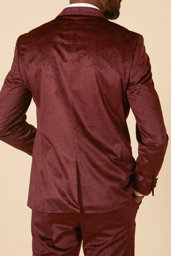 MARC DARCY Simon Velvet Tux Lapel Jacquard Blazer - Slim Fit Tuxedo Jacket - Wine Marc Darcy