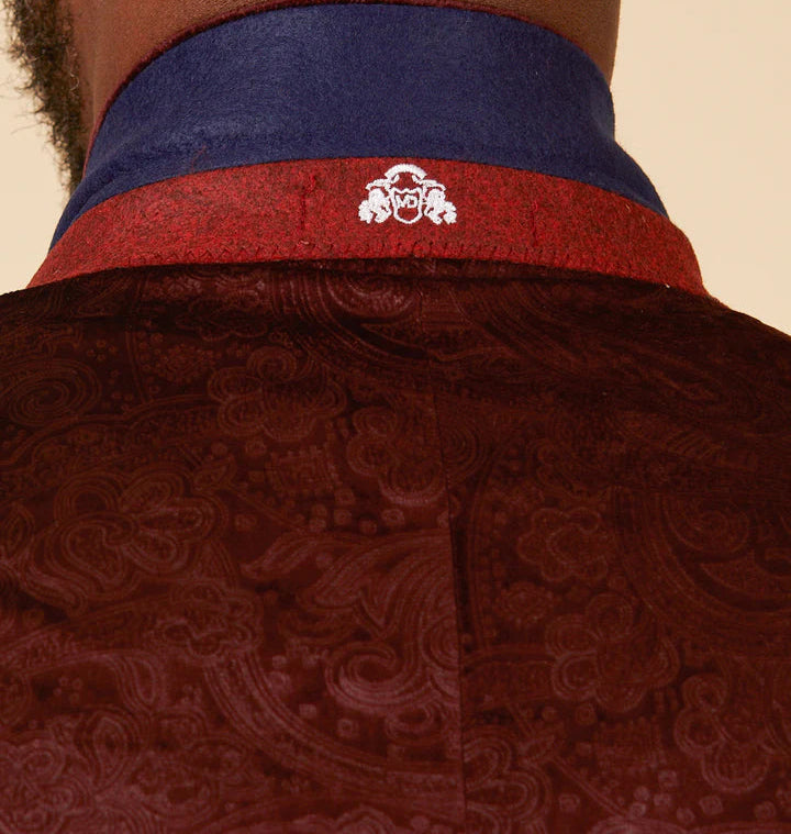 MARC DARCY Simon Velvet Tux Lapel Jacquard Blazer - Slim Fit Tuxedo Jacket - Wine Marc Darcy