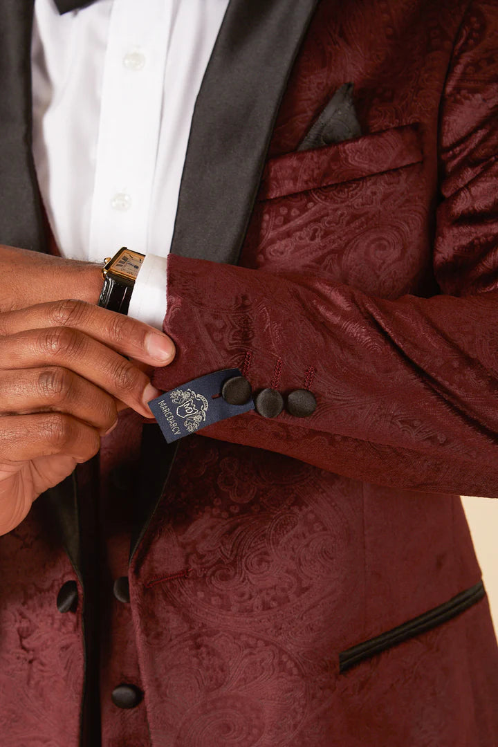 MARC DARCY Simon Velvet Tux Lapel Jacquard Blazer - Slim Fit Tuxedo Jacket - Wine Marc Darcy