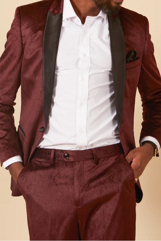 MARC DARCY Simon Velvet Tux Lapel Jacquard Blazer - Slim Fit Tuxedo Jacket - Wine Marc Darcy