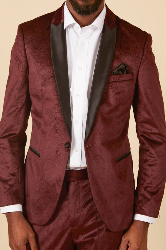 MARC DARCY Simon Velvet Tux Lapel Jacquard Blazer - Slim Fit Tuxedo Jacket - Wine Marc Darcy