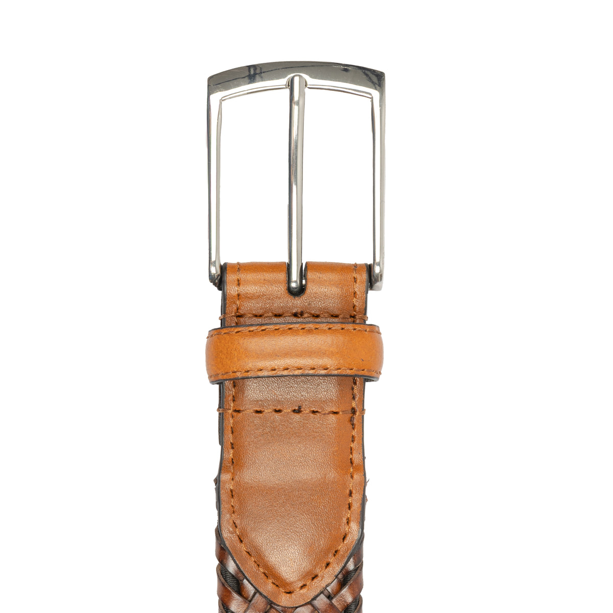 Men's woven leather belt with satin nickel buckle, close up buckle.