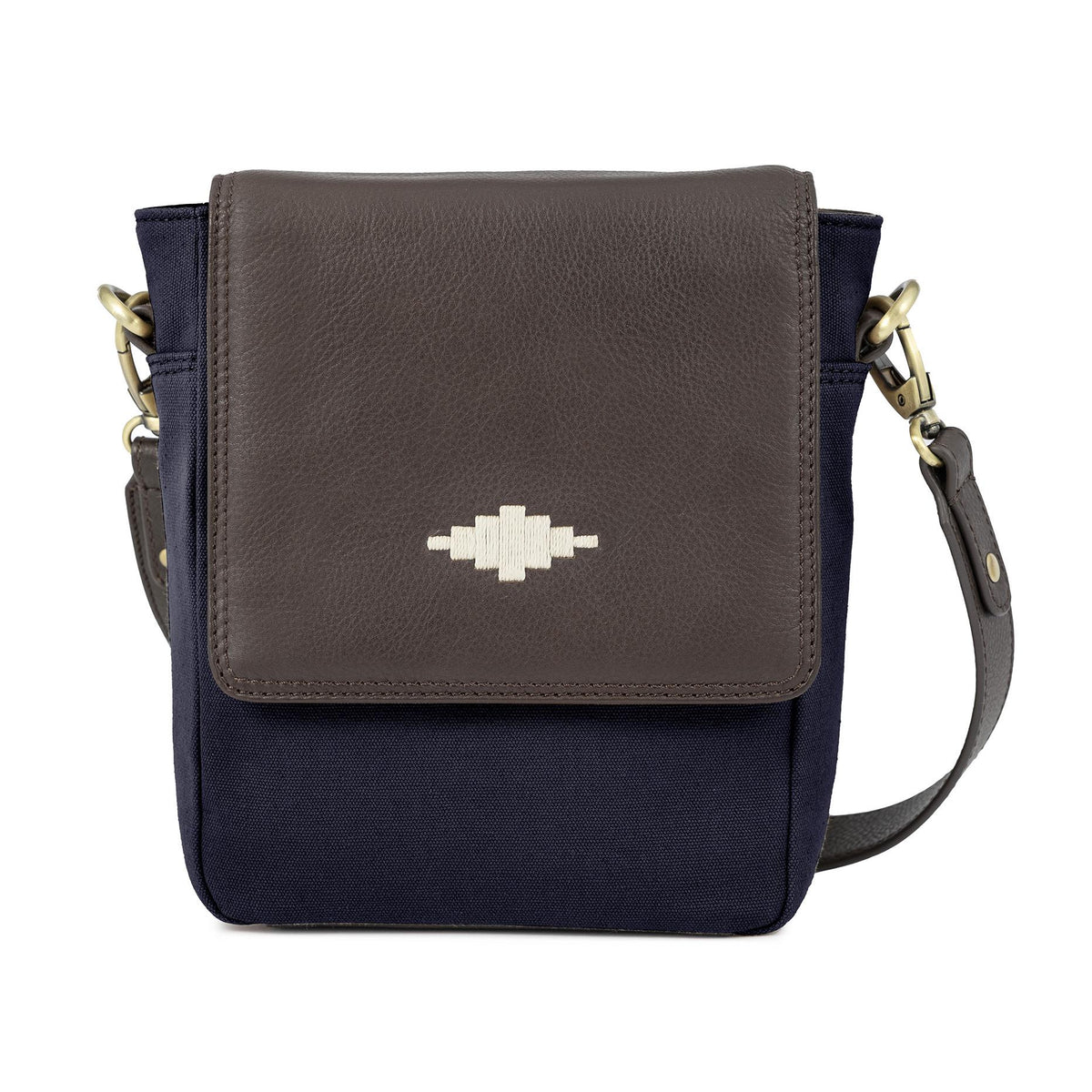 PAMPEANO Bandolera crossbody bag - brown leather and navy canvas