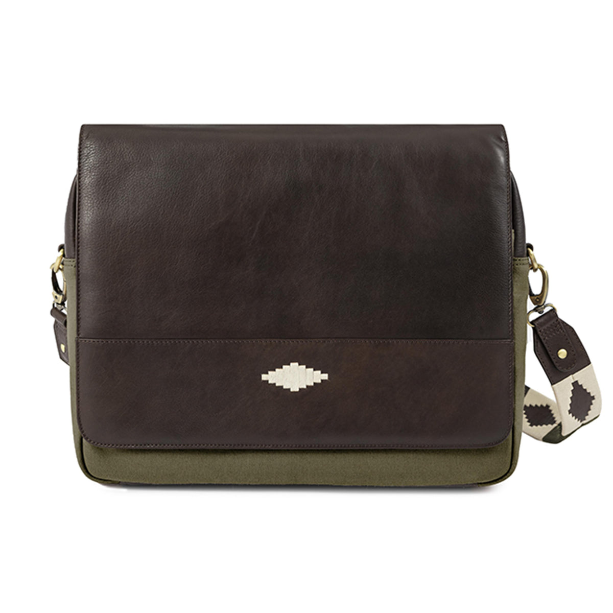 PAMPEANO Entregar messenger bag - brown leather and forest canvas
