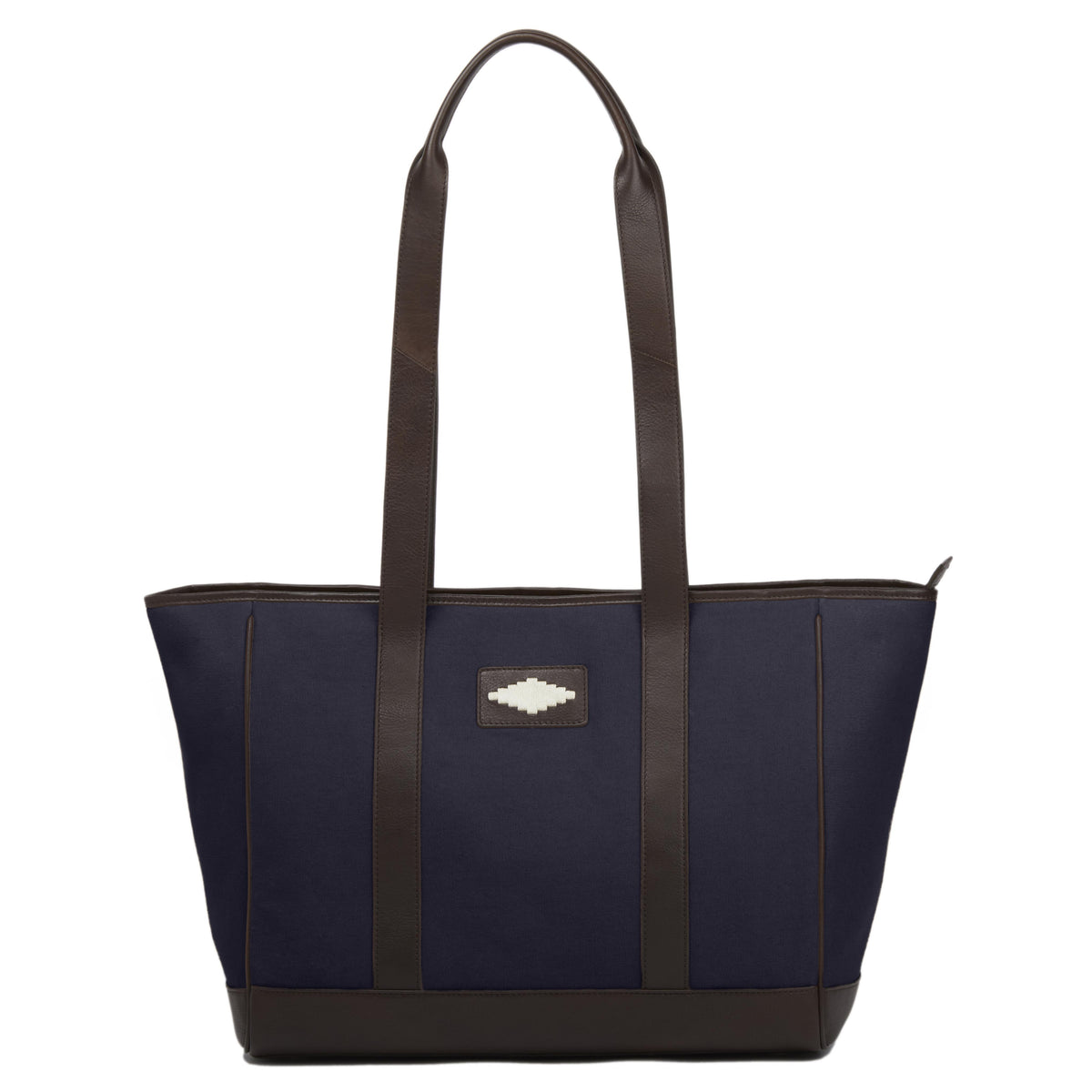 PAMPEANO Bolso tote bag - brown leather and navy canvas with cream stitching
