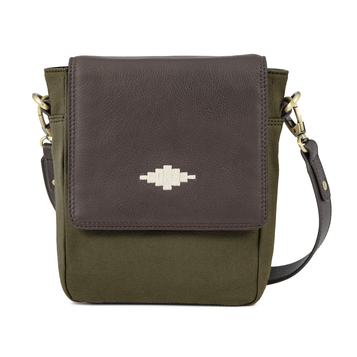 PAMPEANO Bandolera crossbody bag - brown leather and forest canvas