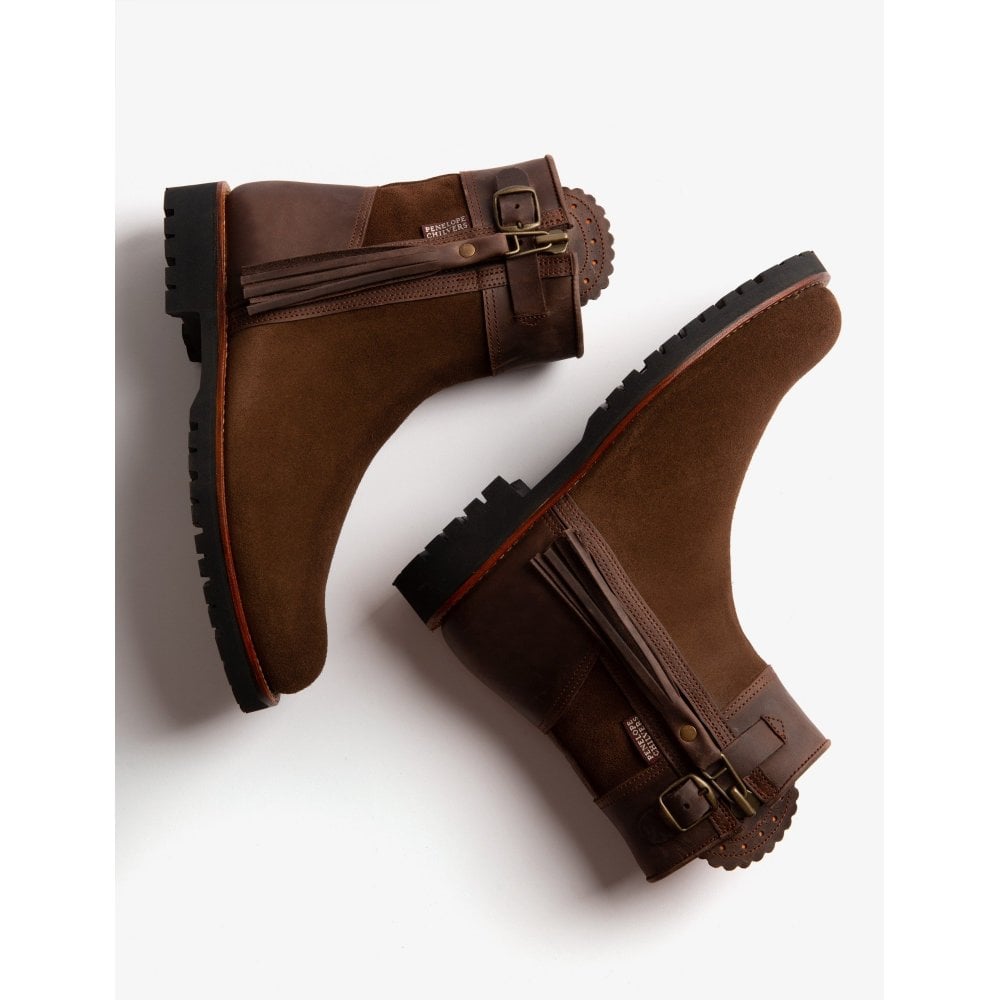 PENELOPE CHILVERS Inclement Cropped Tassel Boots - Womens Waterproof Suede - Dark Oak Penelope Chilvers