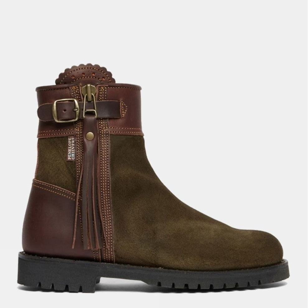 PENELOPE CHILVERS Inclement Cropped Tassel Boots - Womens Waterproof Suede - Seaweed/Conker Penelope Chilvers