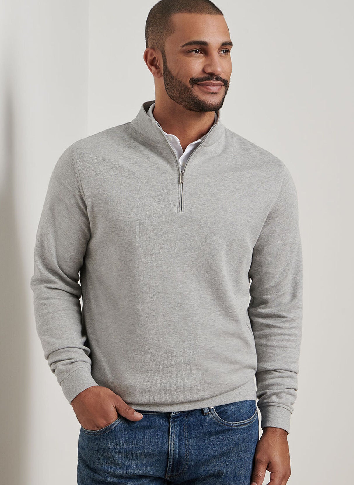 PETER MILLAR Crown Comfort Pique Quarter Zip Sweater - Men's Classic Fit - Light Grey