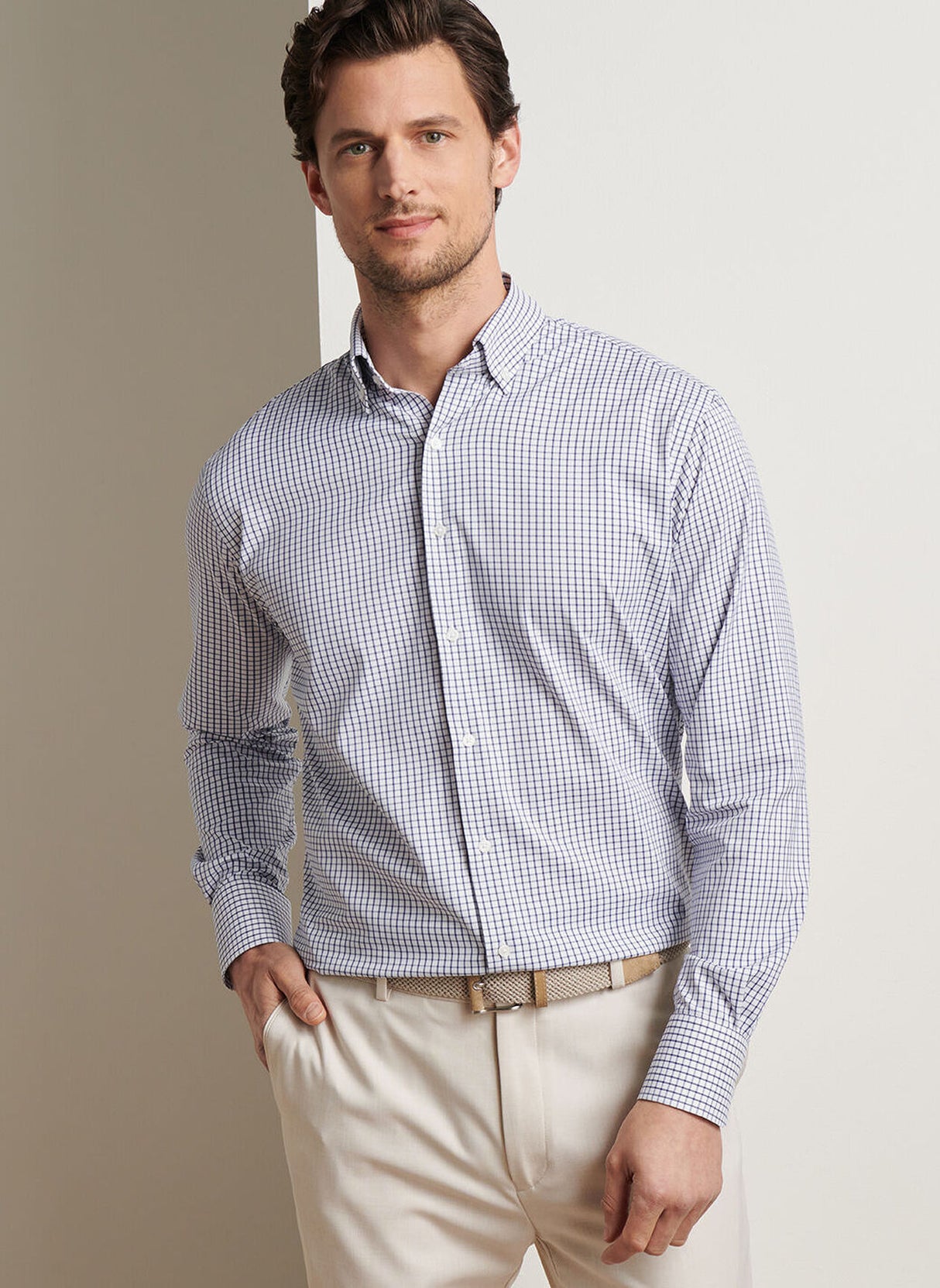 PETER MILLAR Hanford Performance Twill Checked Shirt – Men's Classic Fit – Navy