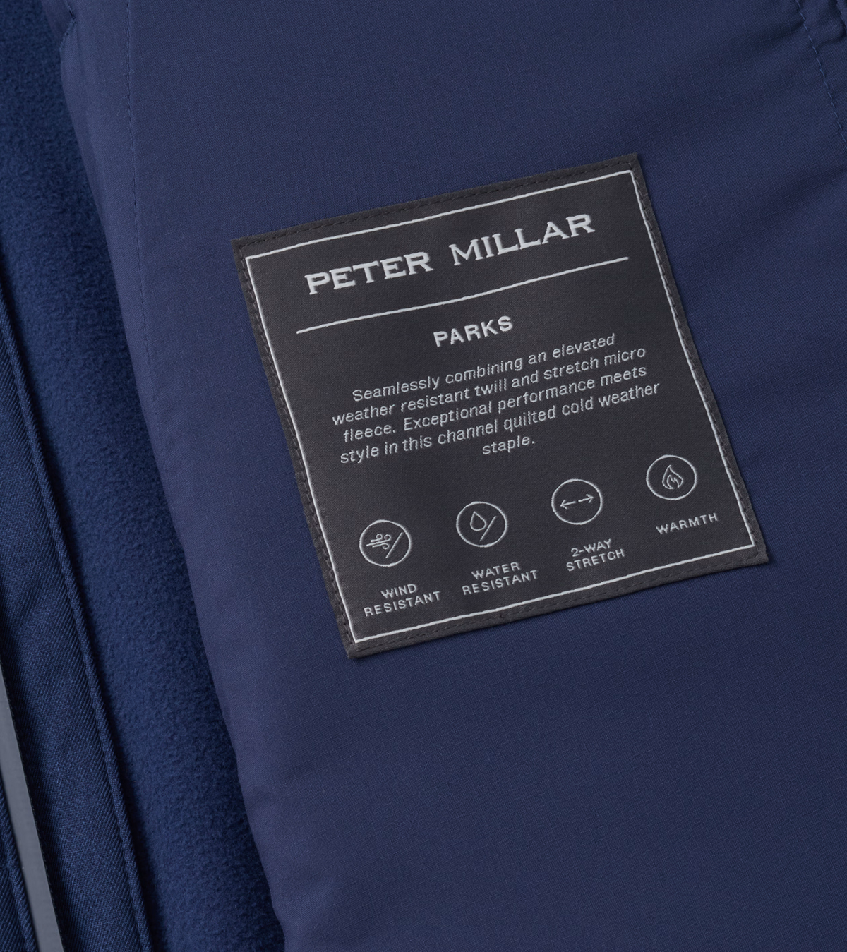 Peter Millar Parks Hybrid Gilet in Navy - internal performance label detail