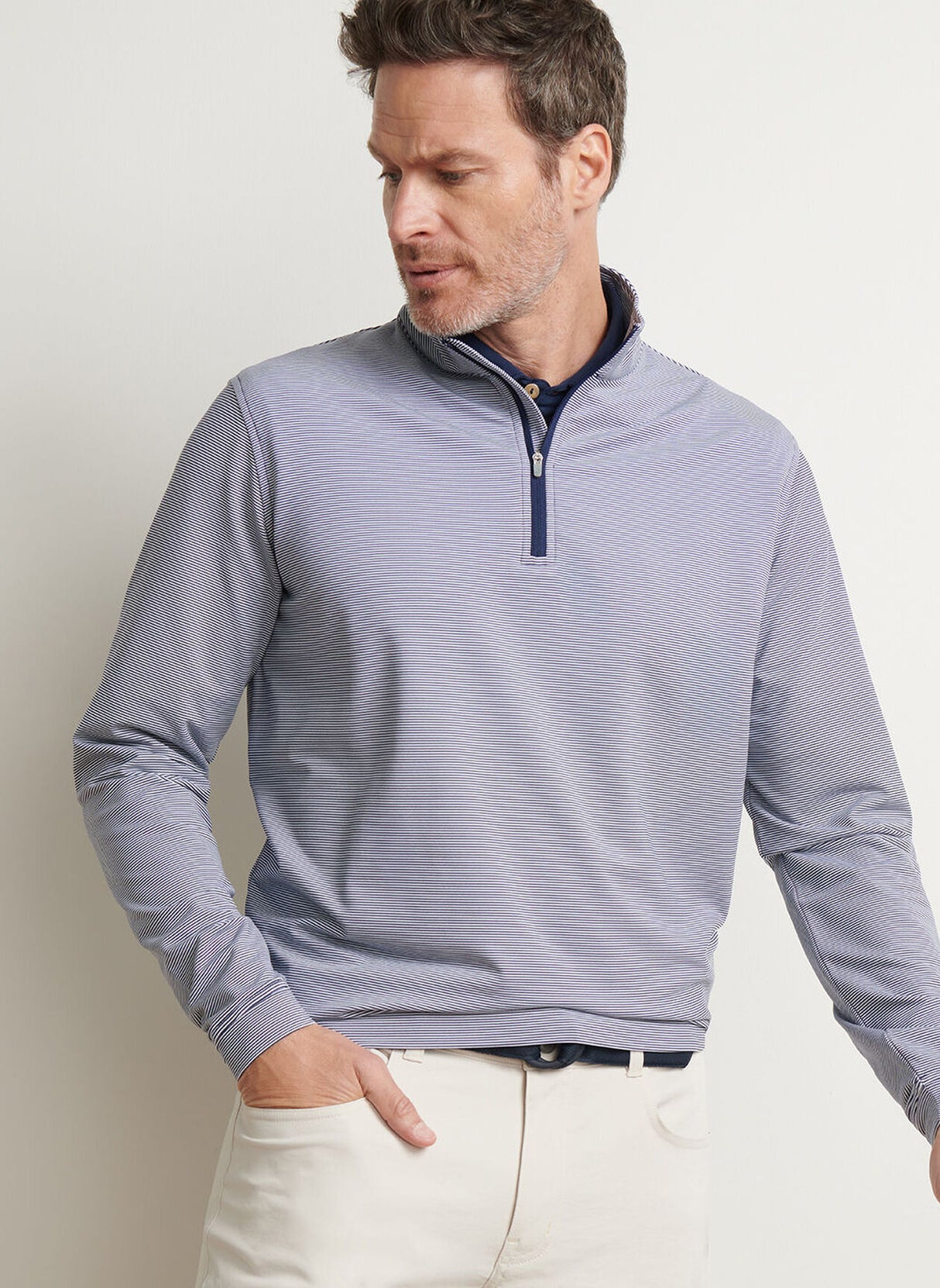 PETER MILLAR Perth Sugar Stripe Performance Quarter Zip Sweater - Mens - Navy / White