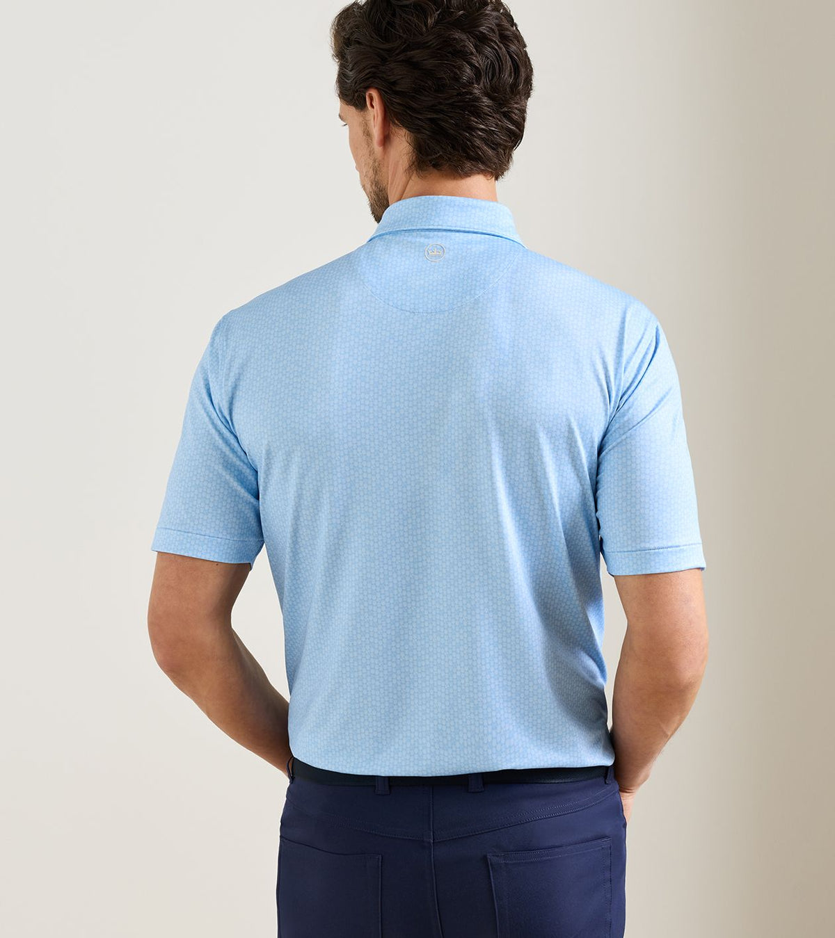 Peter Millar 25th Anniversary Performance Jersey Polo in Cottage Blue - model rear view