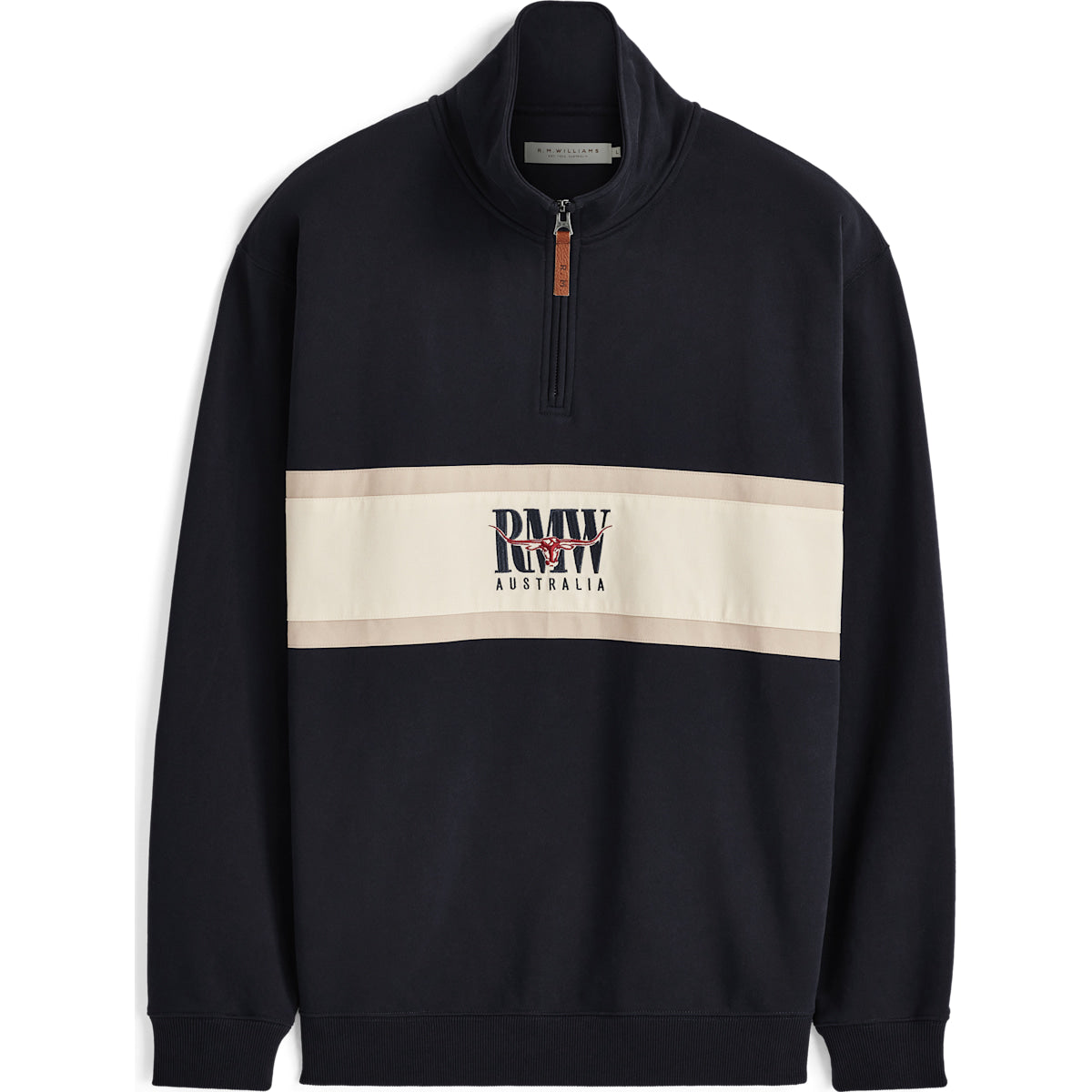 RM Williams Classic R.M.W. Quarter Zip Sweatshirt in Navy on white background