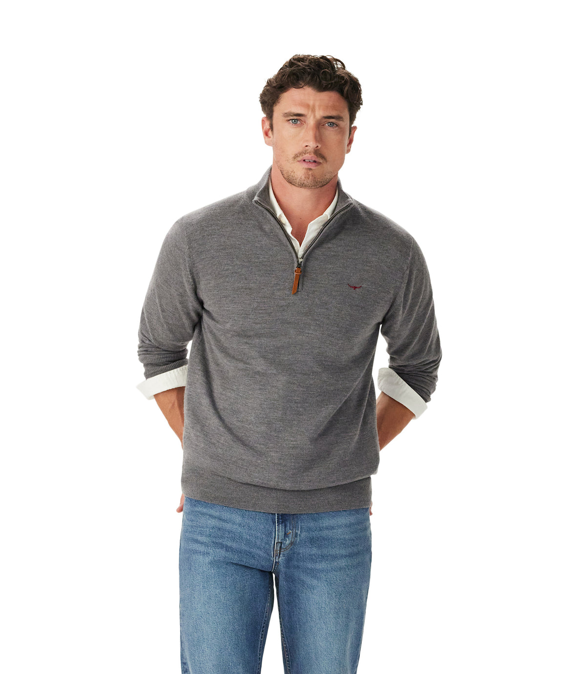 RM Williams Ernest Merino Quarter Zip Sweater in Grey Marle - view 2