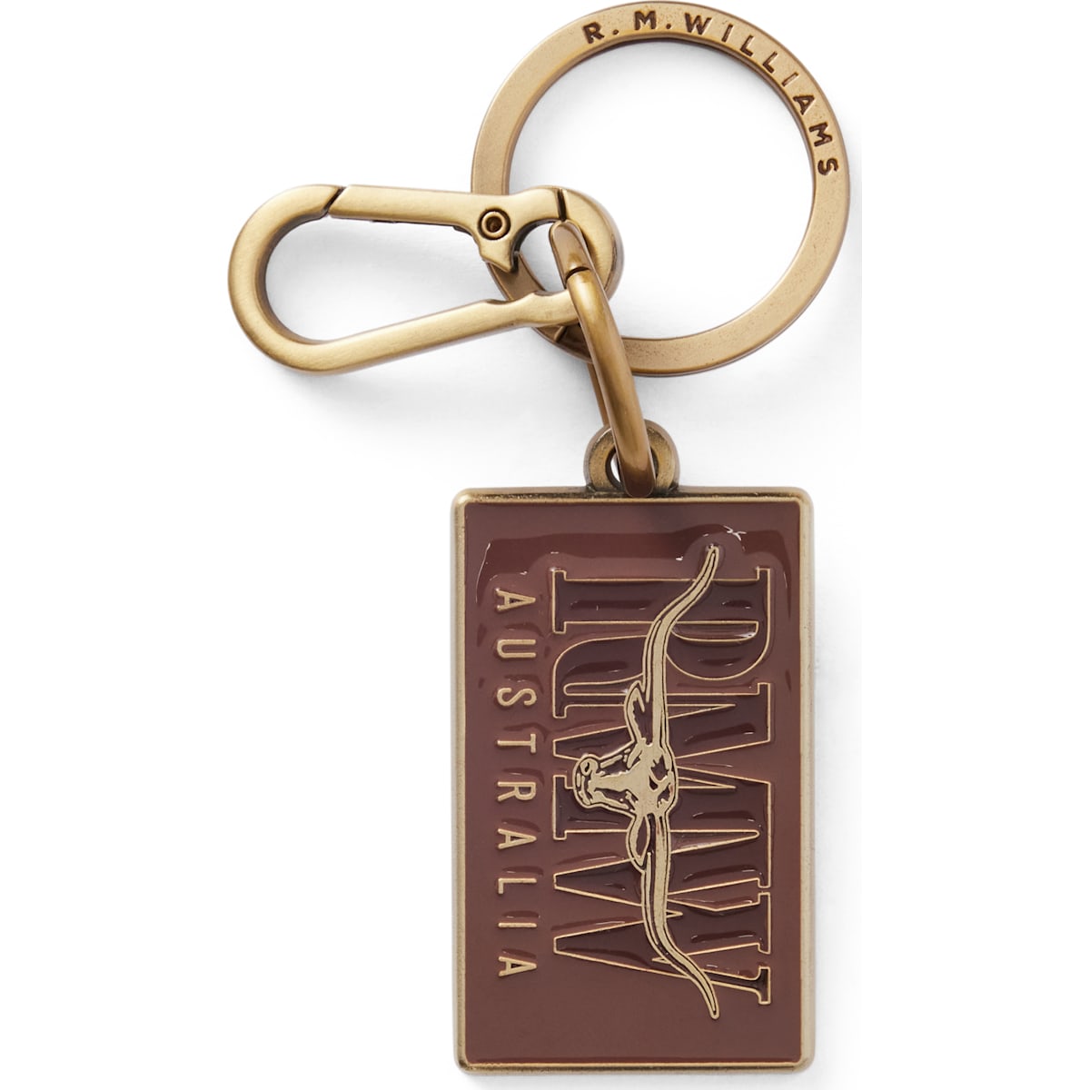 RM Williams Heritage Logo Enamel Keyring in Brown on white background