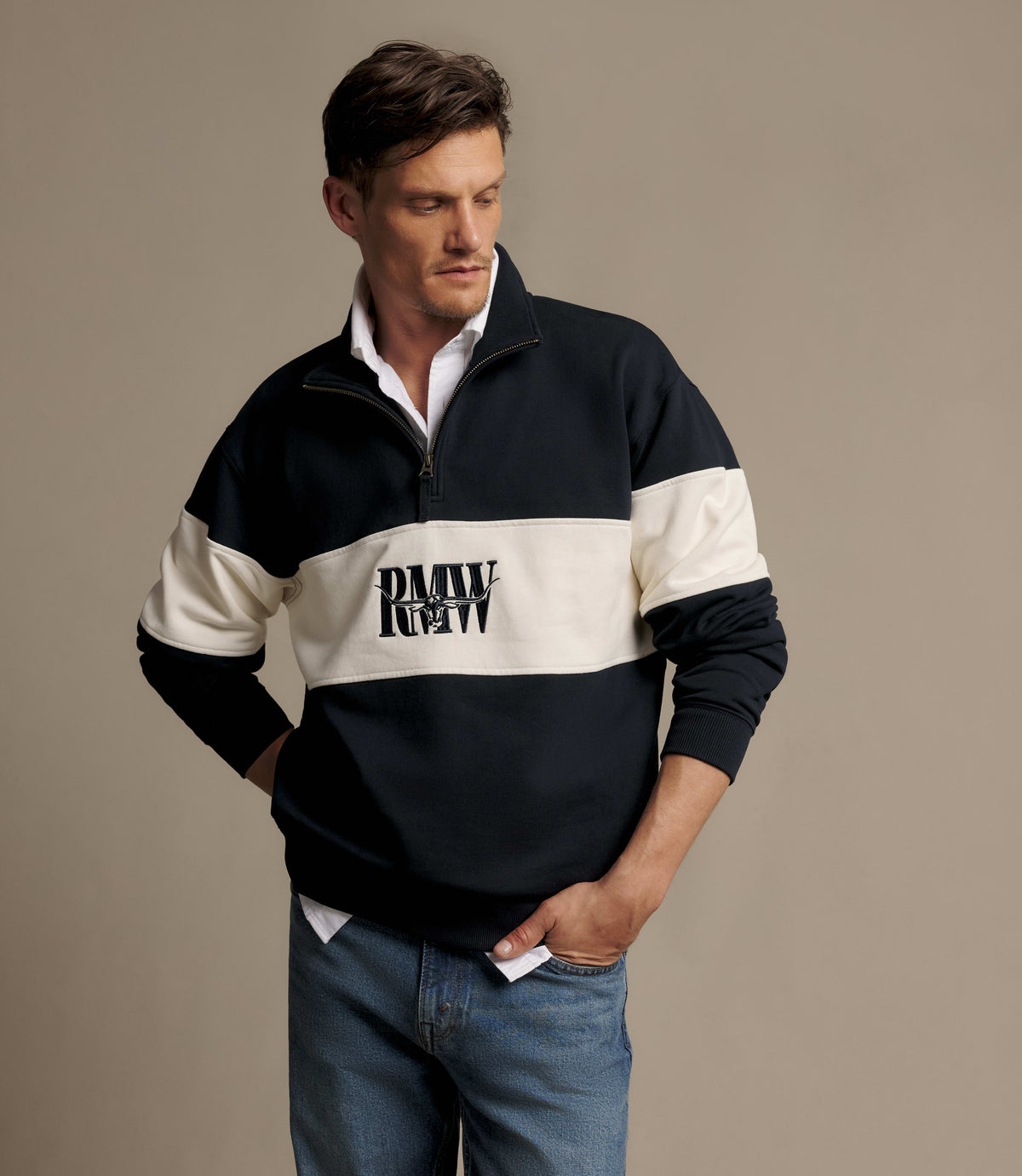 RM Williams Heritage panel quarter-zip - Navy, product view 3