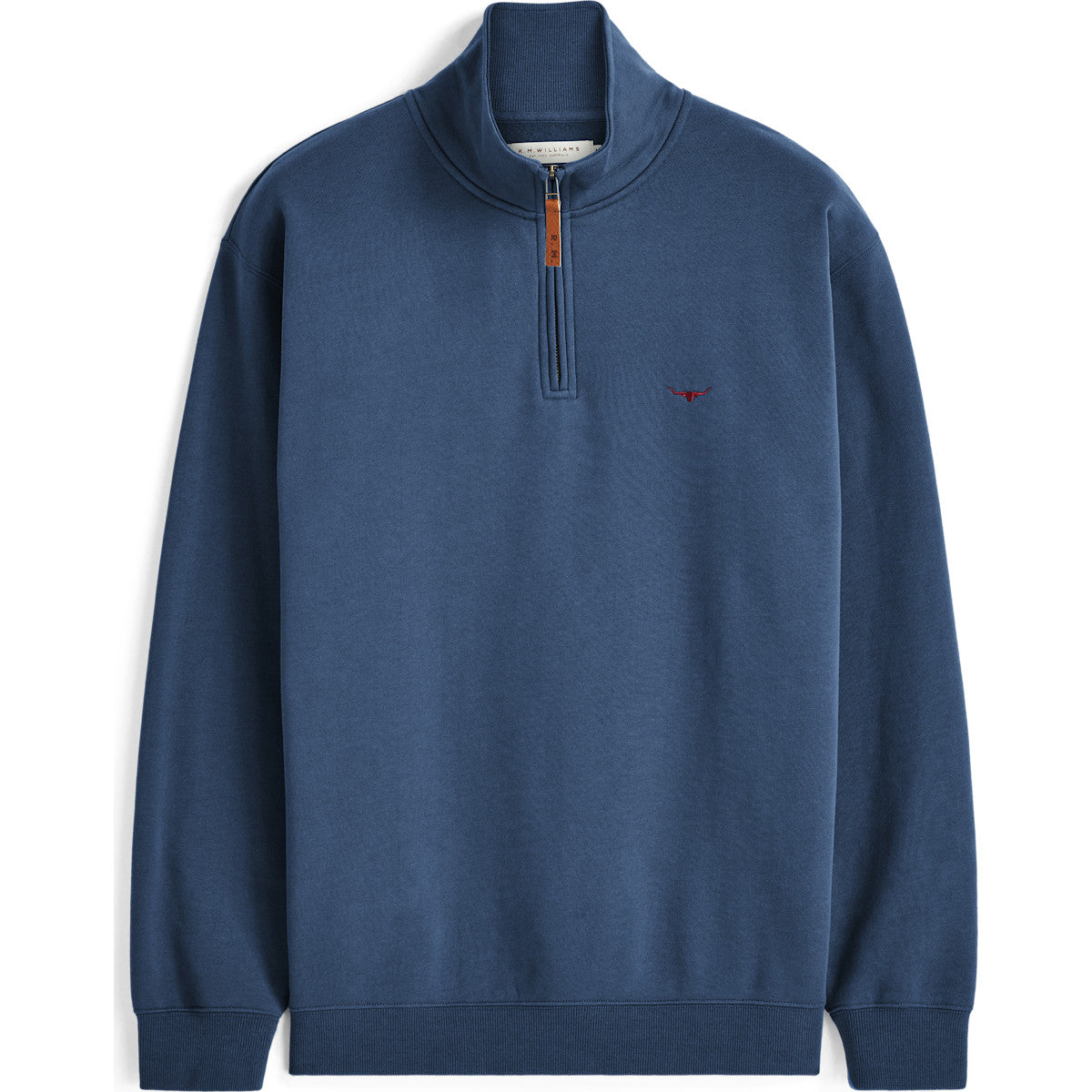 RM Williams Mulyungarie Quarter Zip Sweatshirt in Mid Blue on white background