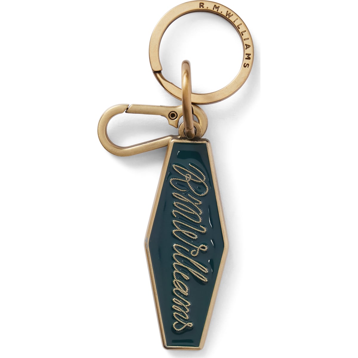 RM Williams Rope Logo Enamel Keyring in Pine on white background