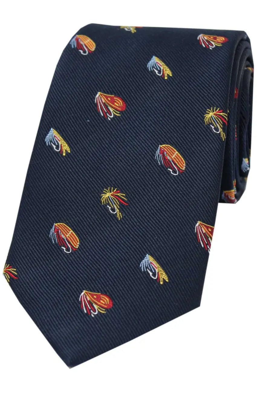 SOPRANO Fishing Flies Country Silk Tie - Navy Soprano