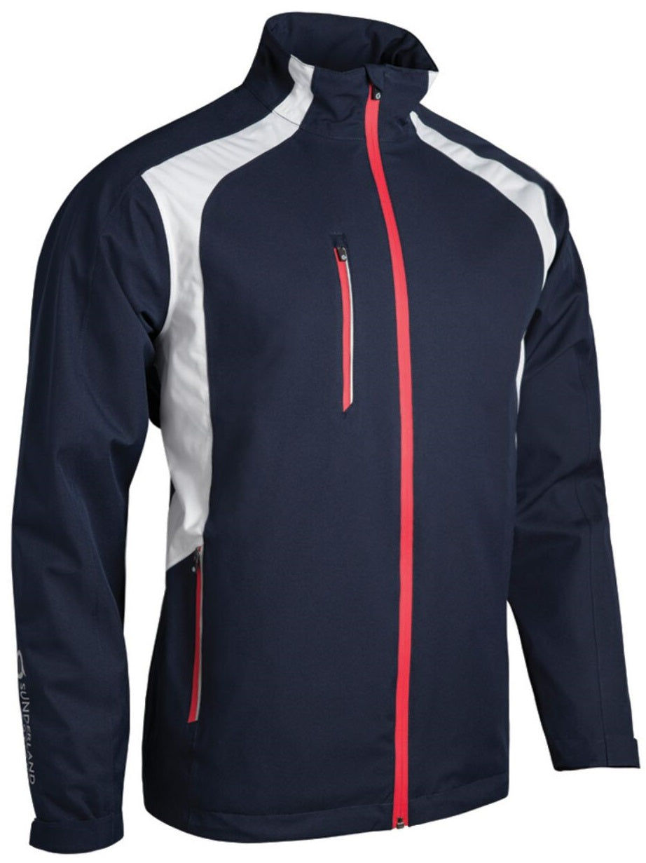 SUNDERLAND Valberg Zip Front Stretch Waterproof Golf Jacket - Mens - Navy / White / Red Sunderland