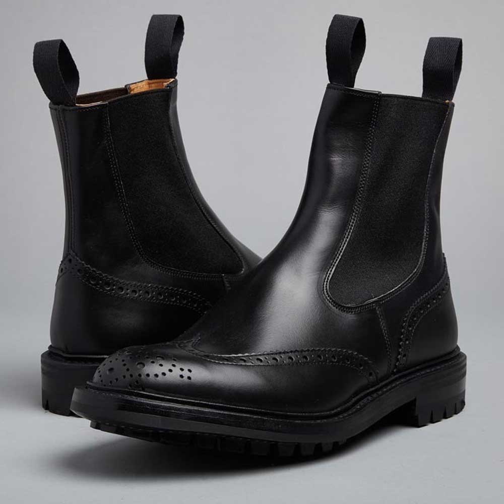 Tricker's Henry Elastic Brogue Boots - Black Calf