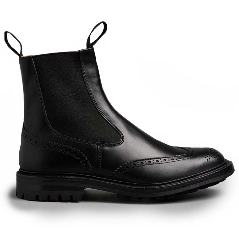 Tricker's Henry Elastic Brogue Boots - Black Calf