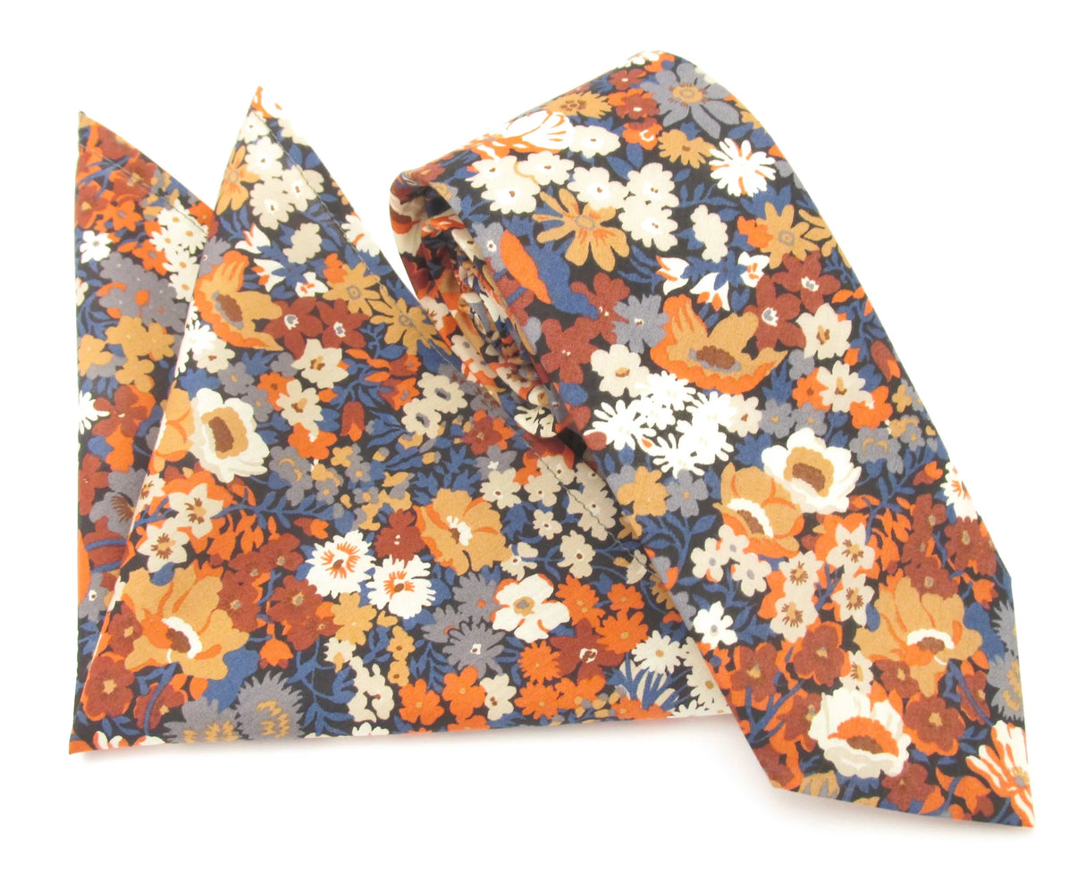 VAN BUCK Liberty Print Cotton Tie & Pocket Square - Thorpe Orange