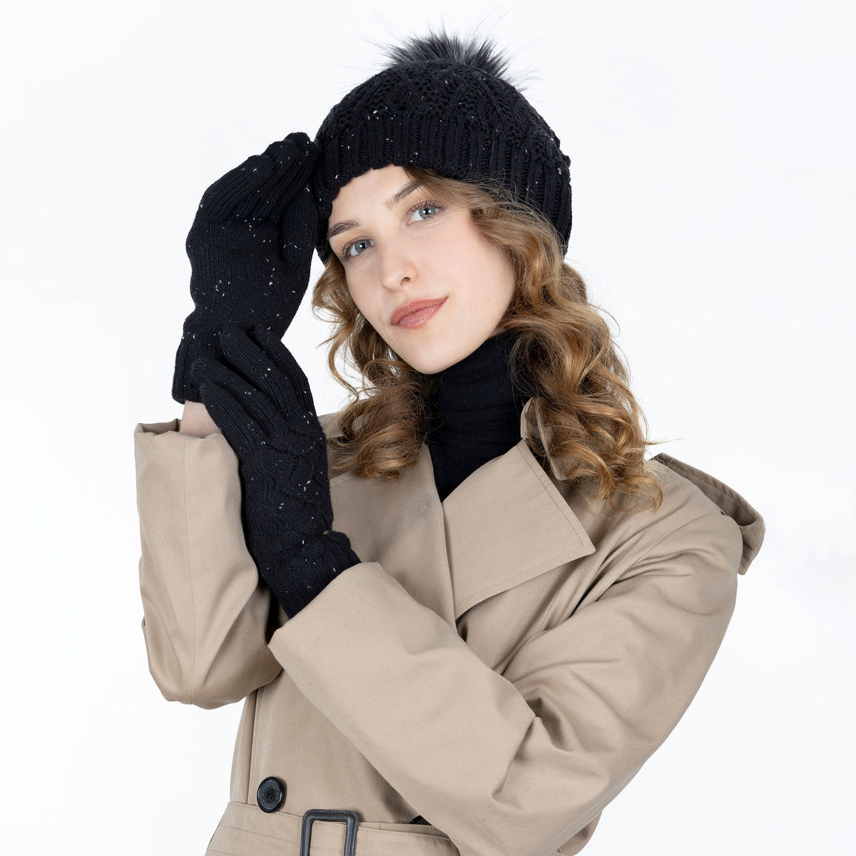 Women's black lace knitted set with marl yarn including gloves and hat