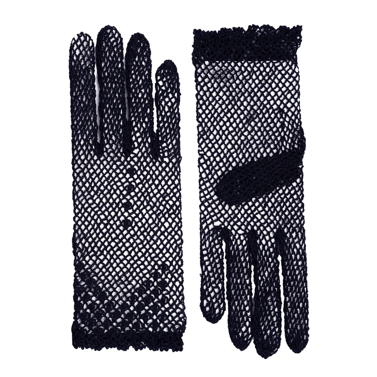 Women's cotton crochet gloves in navy - side by side
