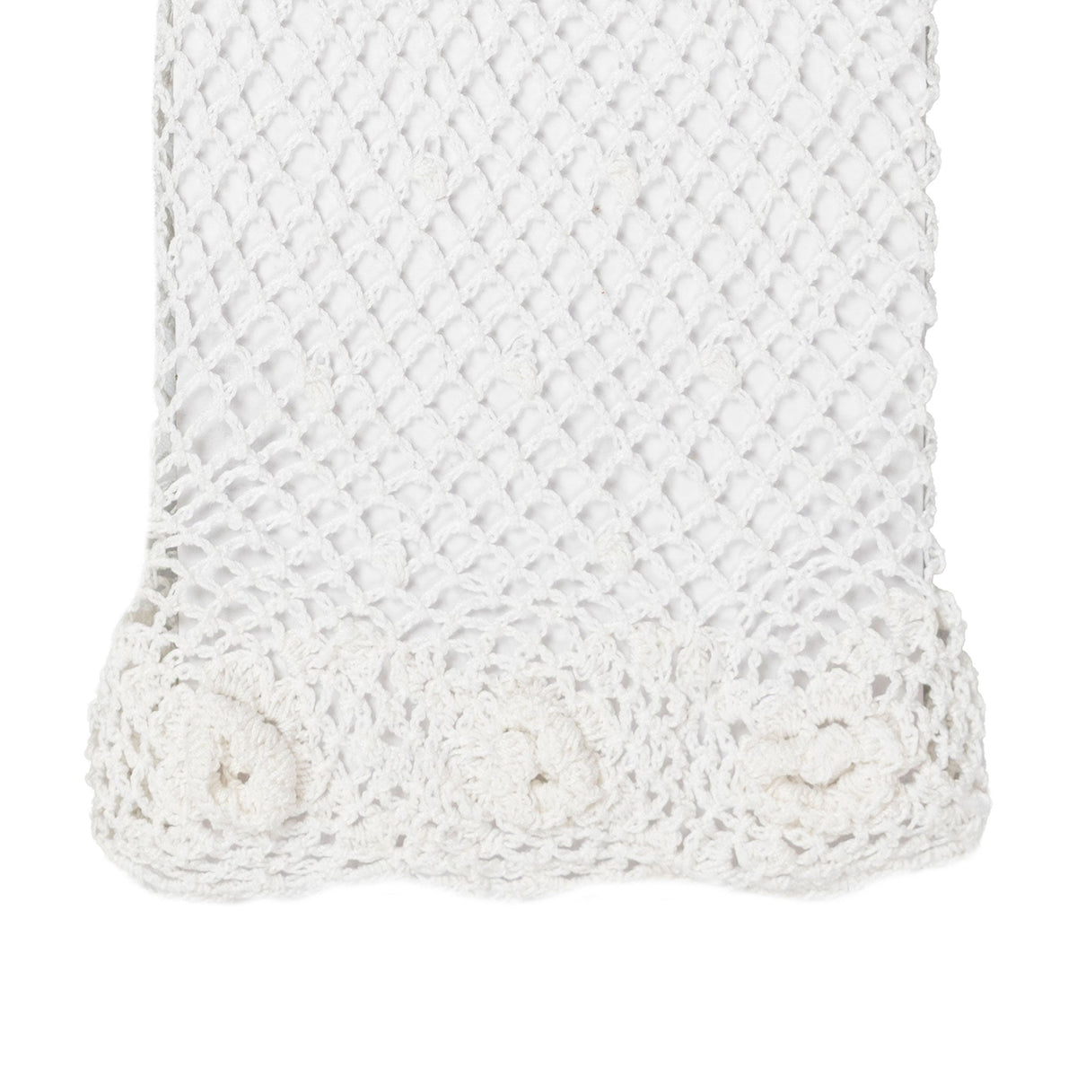 Women's cotton crochet gloves in white - close up of the cuff with details