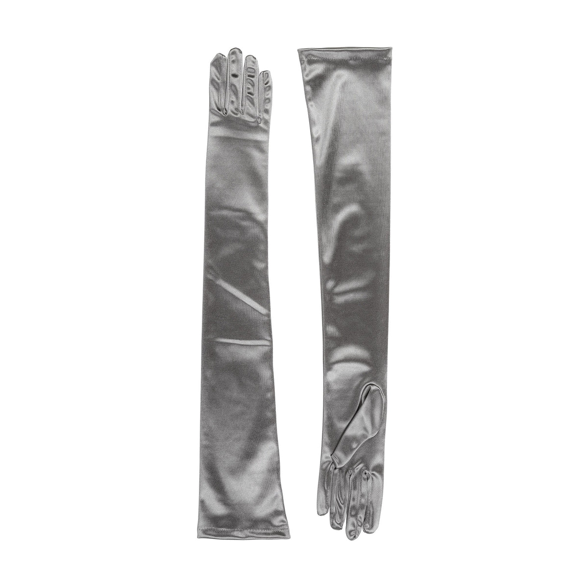 Women's long opera satin gloves in pewter - both gloves