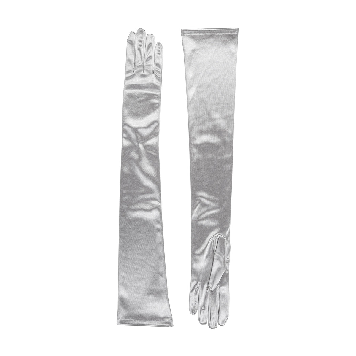 Women's long opera satin gloves in silver grey - both gloves