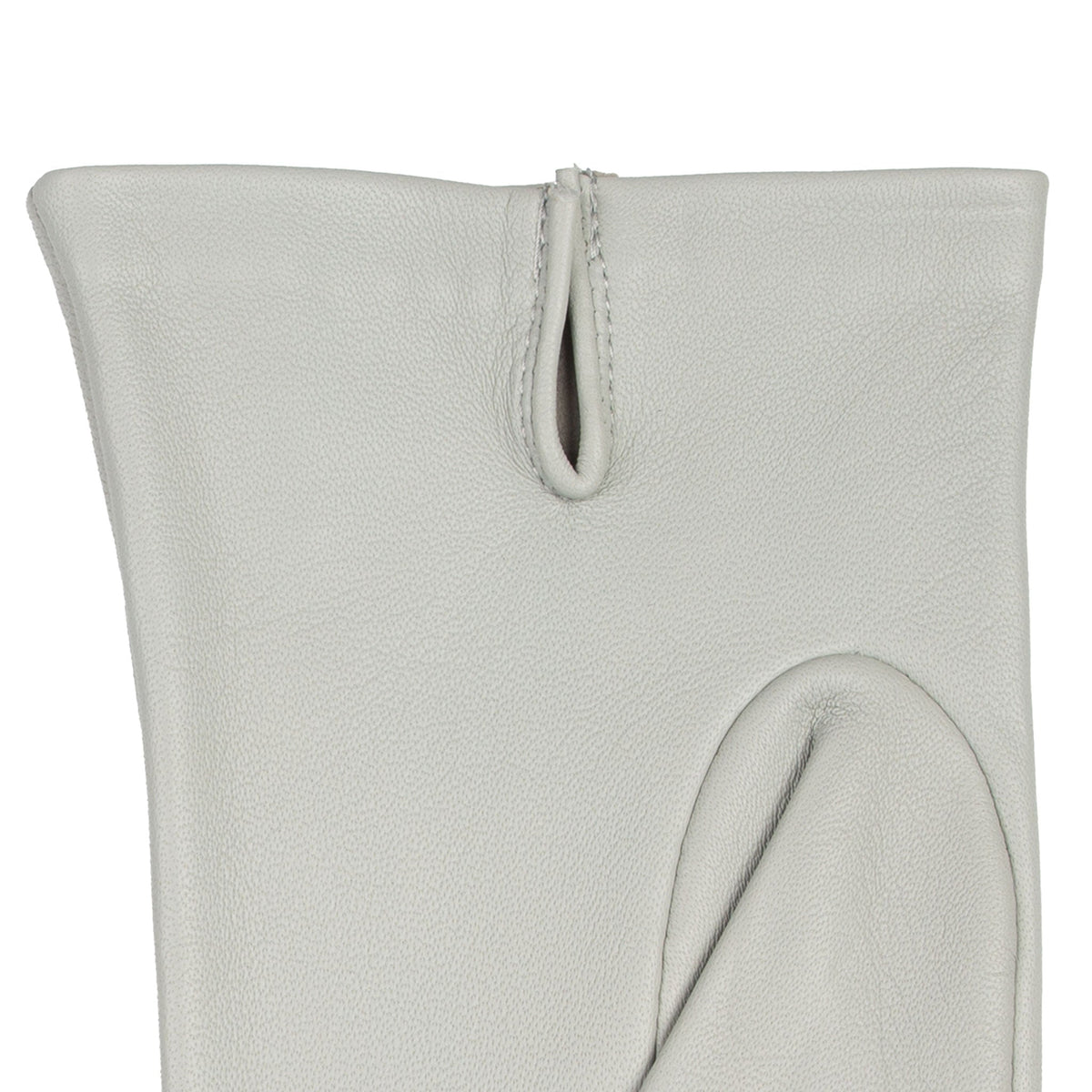 Women's three point leather gloves silver, left hand close up.