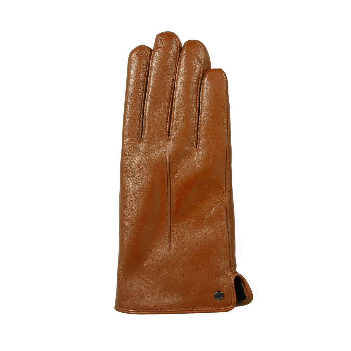 Women's touchscreen single-point faux fur lined leather gloves in cognac right hand