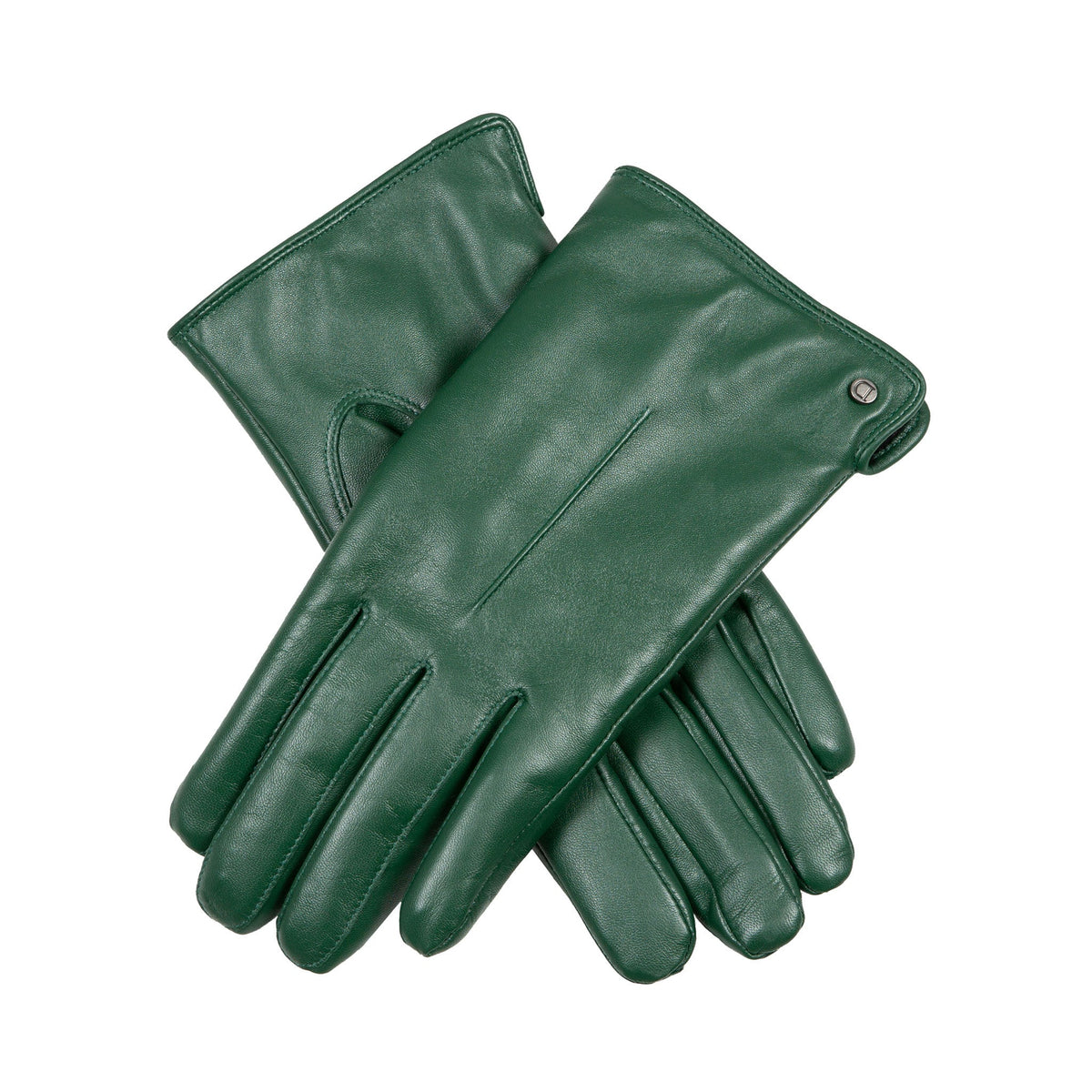 Women's touchscreen single point faux fur lined leather gloves in forest green