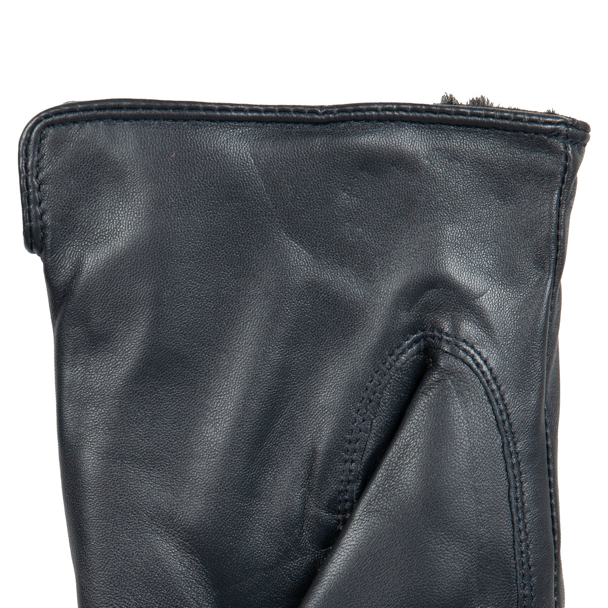 Women's touchscreen single-point faux fur lined leather gloves in navy left cuff