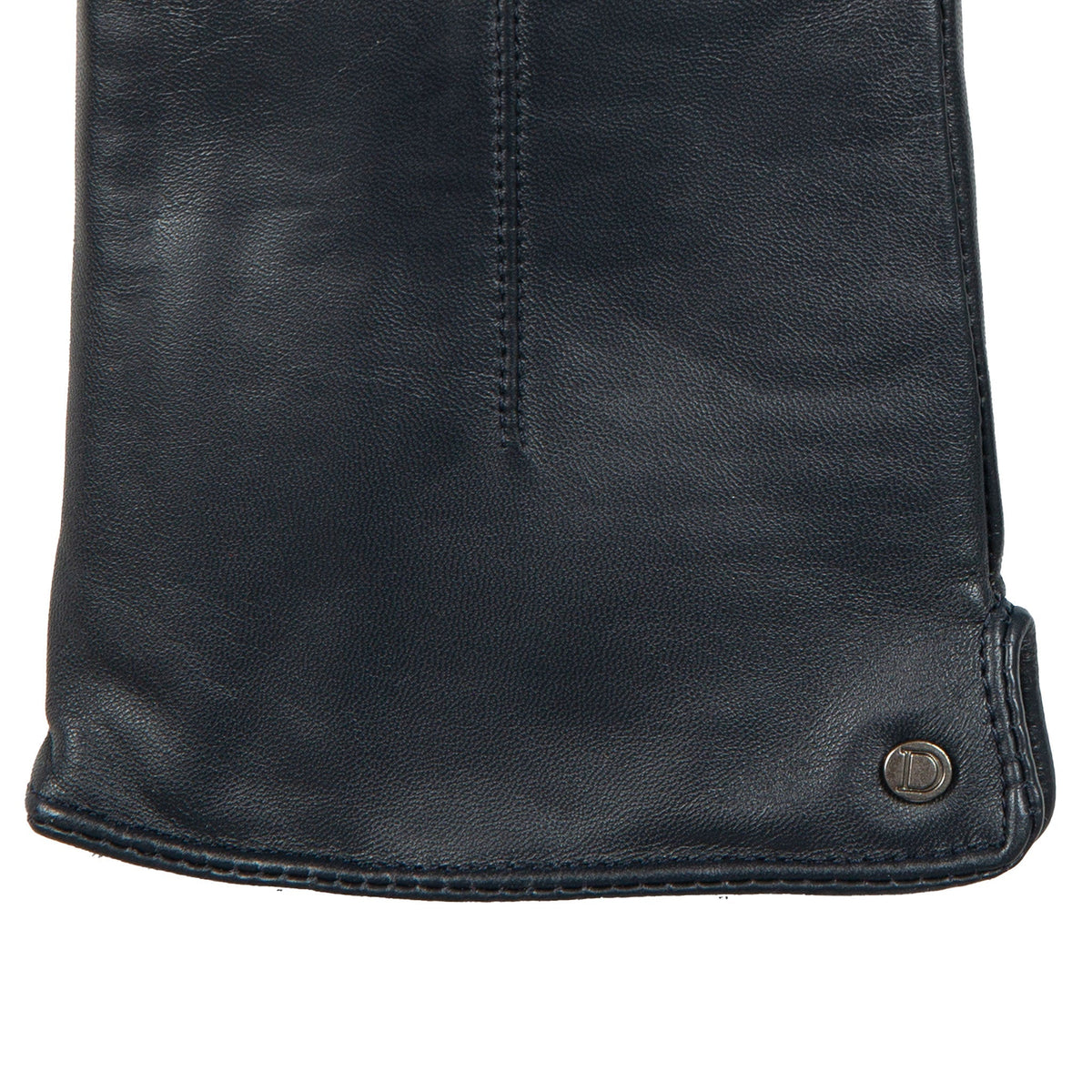 Women's touchscreen single-point faux fur lined leather gloves in navy right cuff