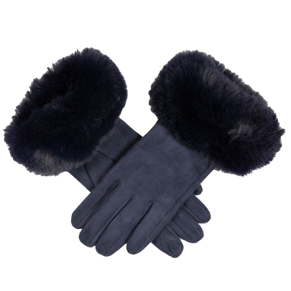 Women's touchscreen velour-lined faux suede gloves with faux fur cuffs in navy
