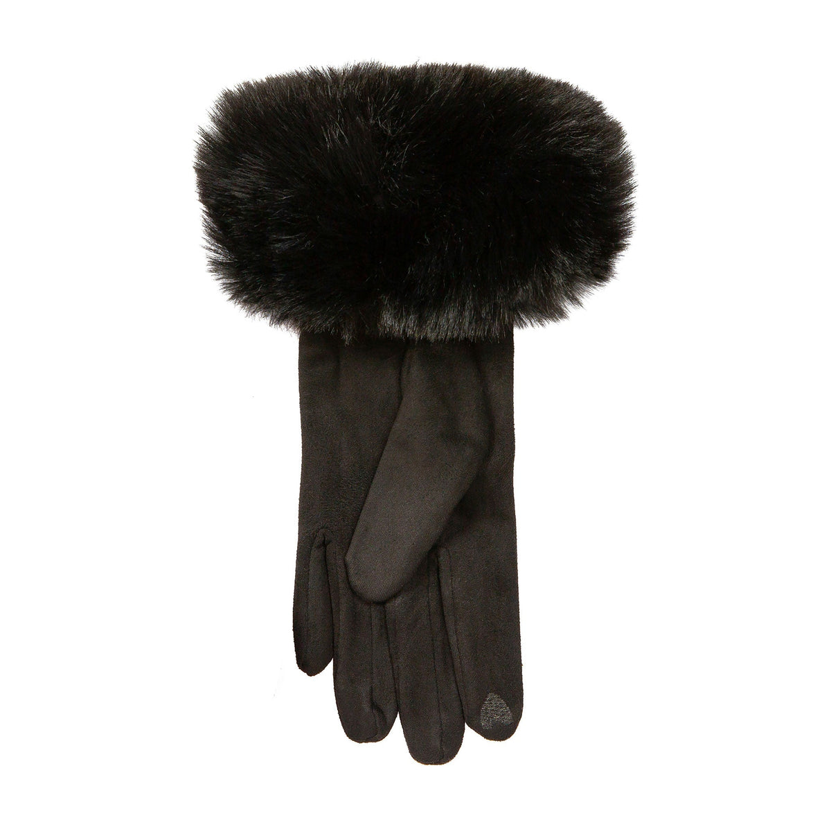 Women's touchscreen velour-lined faux suede gloves with faux fur cuffs in black left