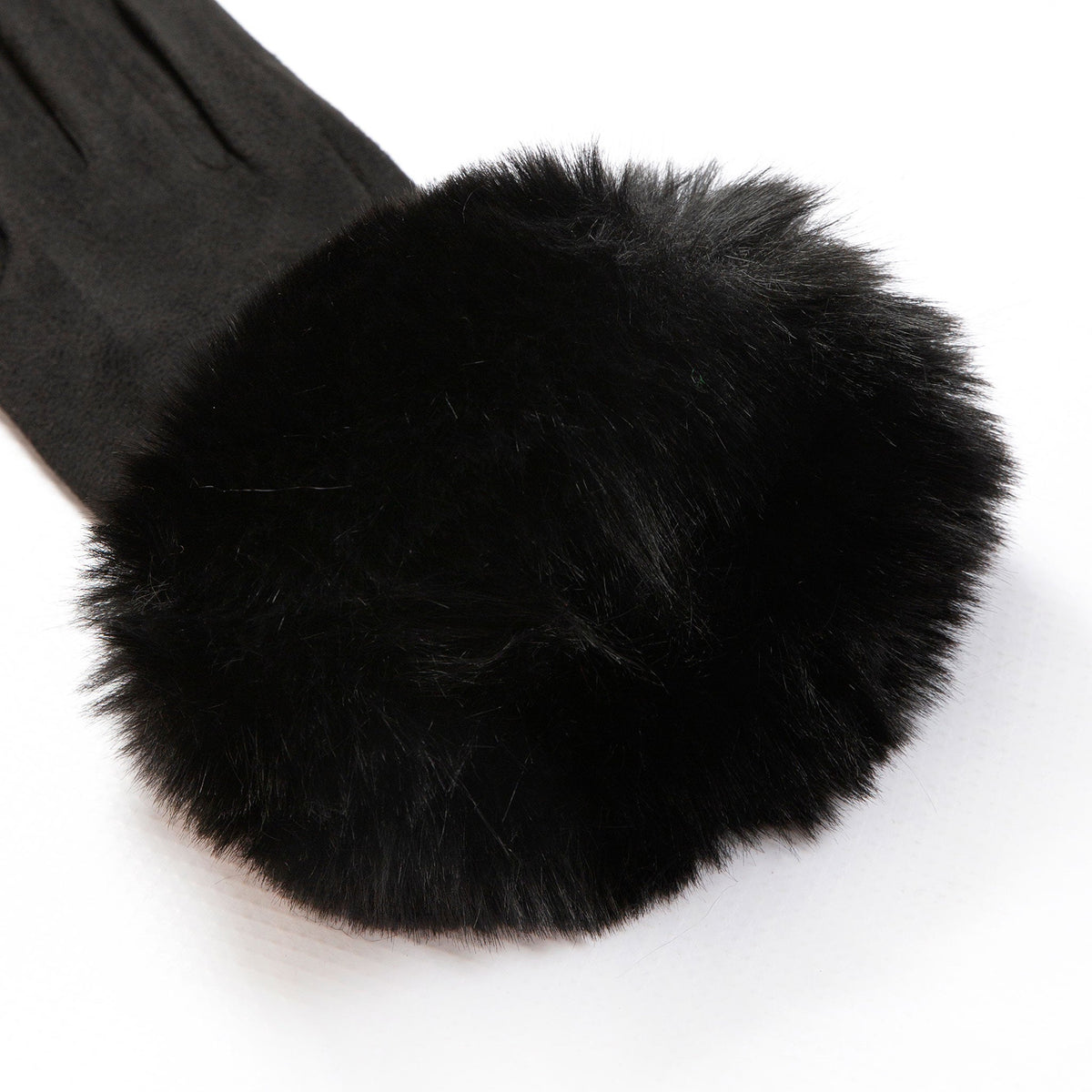 Women's touchscreen velour-lined faux suede gloves with faux fur cuffs in black open cuff