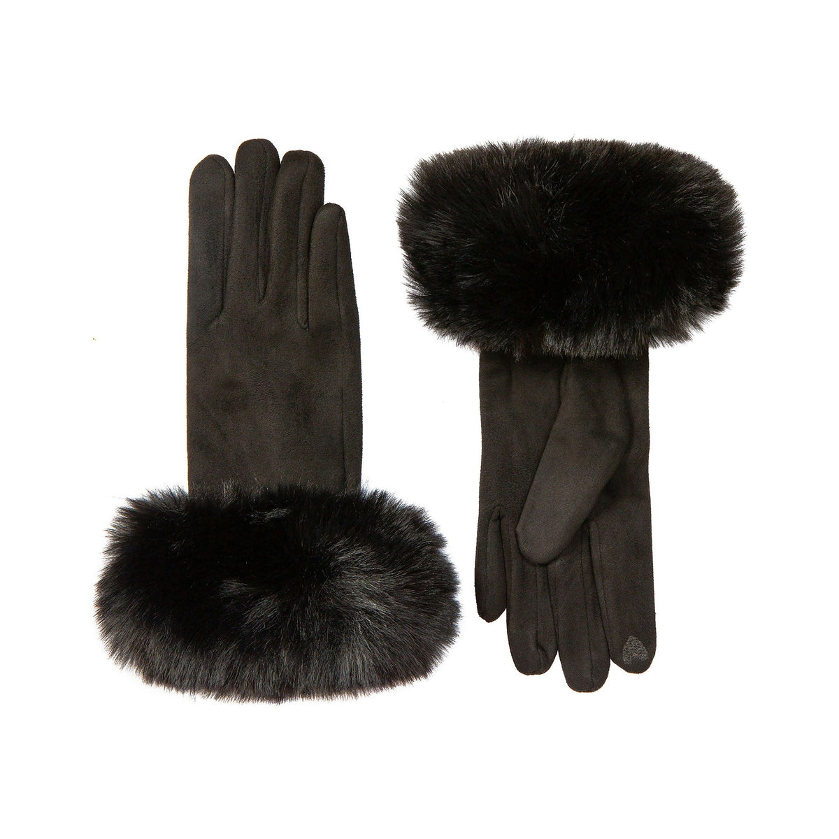 Women's touchscreen velour-lined faux suede gloves with faux fur cuffs in black side
