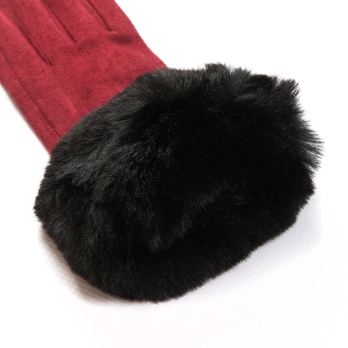 Women's touchscreen velour-lined faux suede gloves with faux fur cuffs in berry/black open cuff